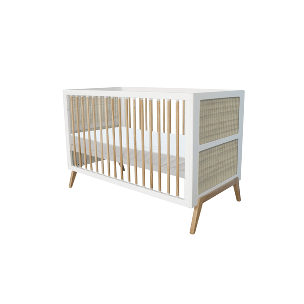 Theo Bebe 50 x 80 cm Patut din lemn, ratan si MDF, pentru bebe, Nami Alb / Natural, 50 x 80 cm