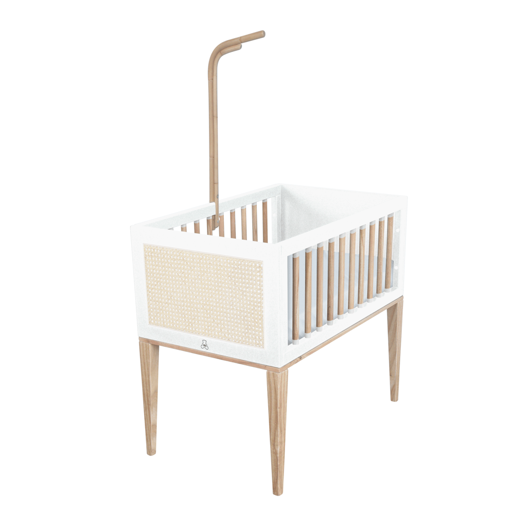 Theo Bebe 60 x 120 cm Patut din lemn, ratan si MDF, pentru bebe, Oceania Alb / Natural