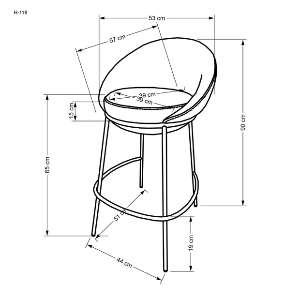 Scaun de bar tapitat cu stofa si picioare metalice, H118 Gri / Negru, l53xA57xH90 cm (5)