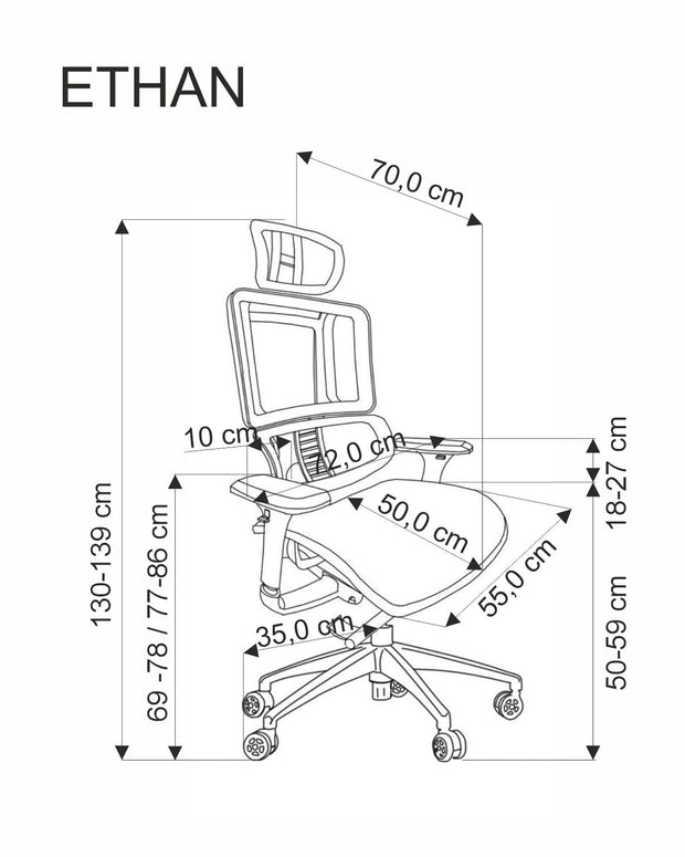 Scaun de birou ergonomic tapitat cu stofa, Ethan Gri, l72xA70xH130-139 cm (7)