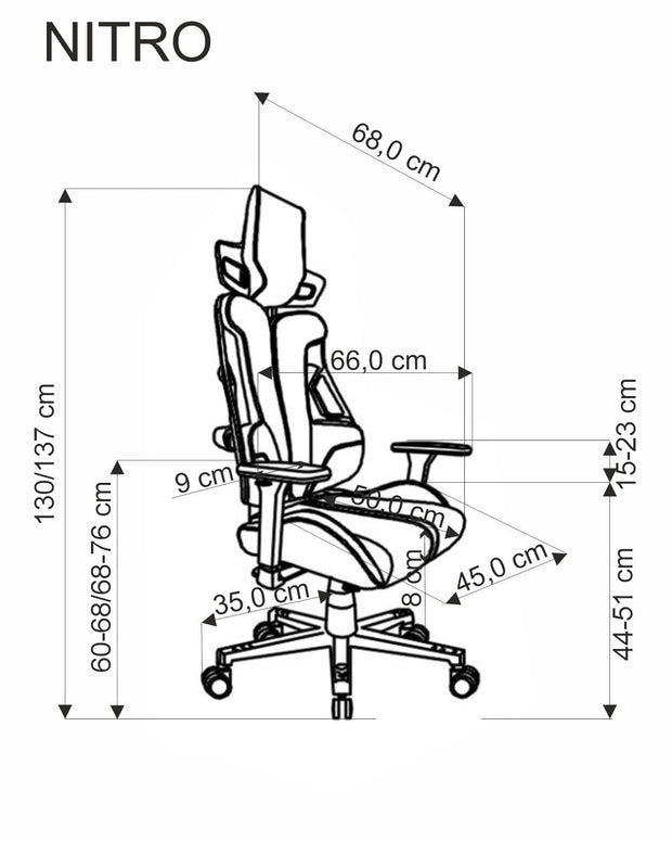 Scaun gaming tapitat cu piele ecologica, Nitro Negru / Rosu, l66xA68xH130-137 cm (5)