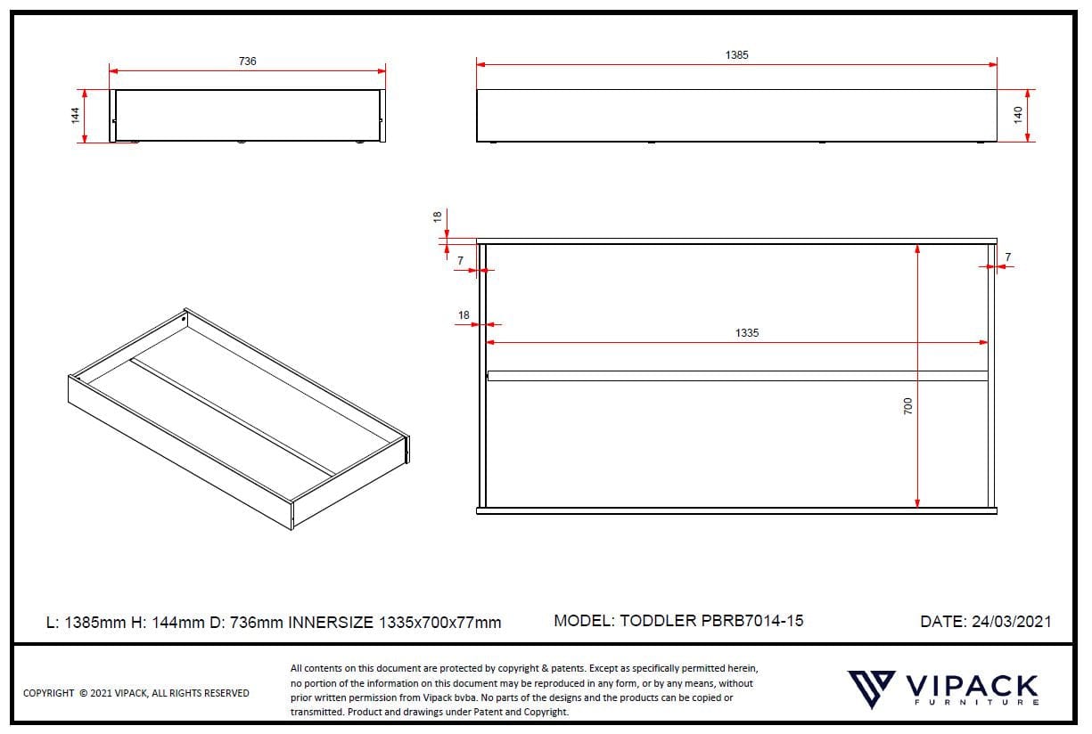 Sertar pat din MDF, pentru copii, Toddler Alb, l138,6xA73,7xH14,6 cm (2)