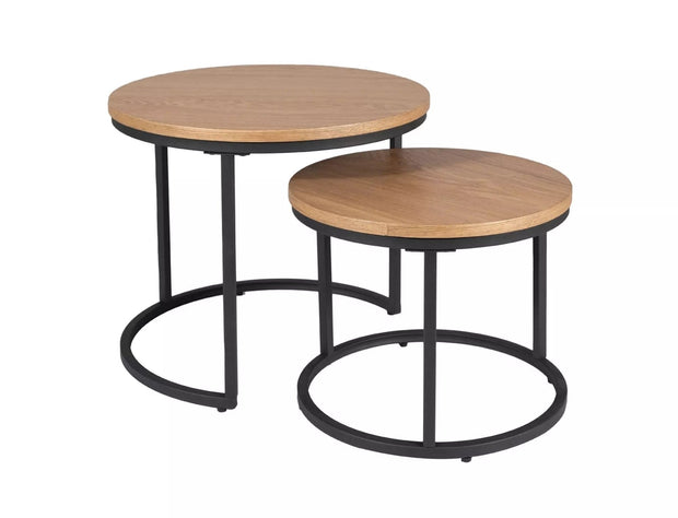 Set 2 mese de cafea din MDF, furnir si metal, Amaro Stejar / Negru, Ø53xH45 cm / Ø43xH35 cm