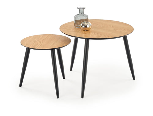 Set 2 mese de cafea din MDF, furnir si metal, Mentona Stejar / Negru, Ø40xH40 / Ø60xH48 cm