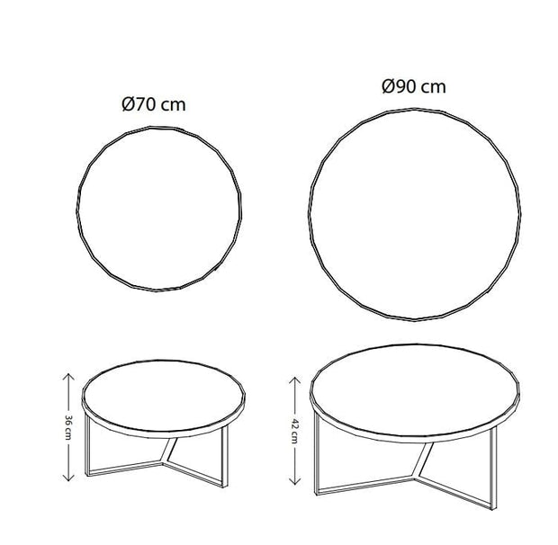 Luvina Set 2 mese de cafea din pal, MDF si metal, Mercedes Gri / Negru, Ø90xH42 / Ø80xH36 cm