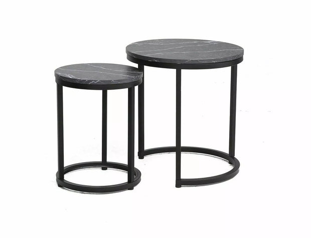 Set 2 mese de cafea din pal si metal, Hola Negru, Ø45xH48 cm / Ø32xH42 cm