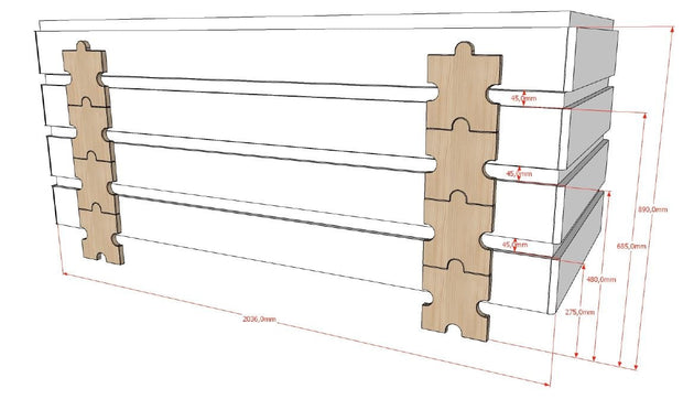 Set 2 paturi stivuibile din MDF si lemn de pin, pentru copii, Modulo Puzzle Gri / Natural, 200 x 90 cm (1)