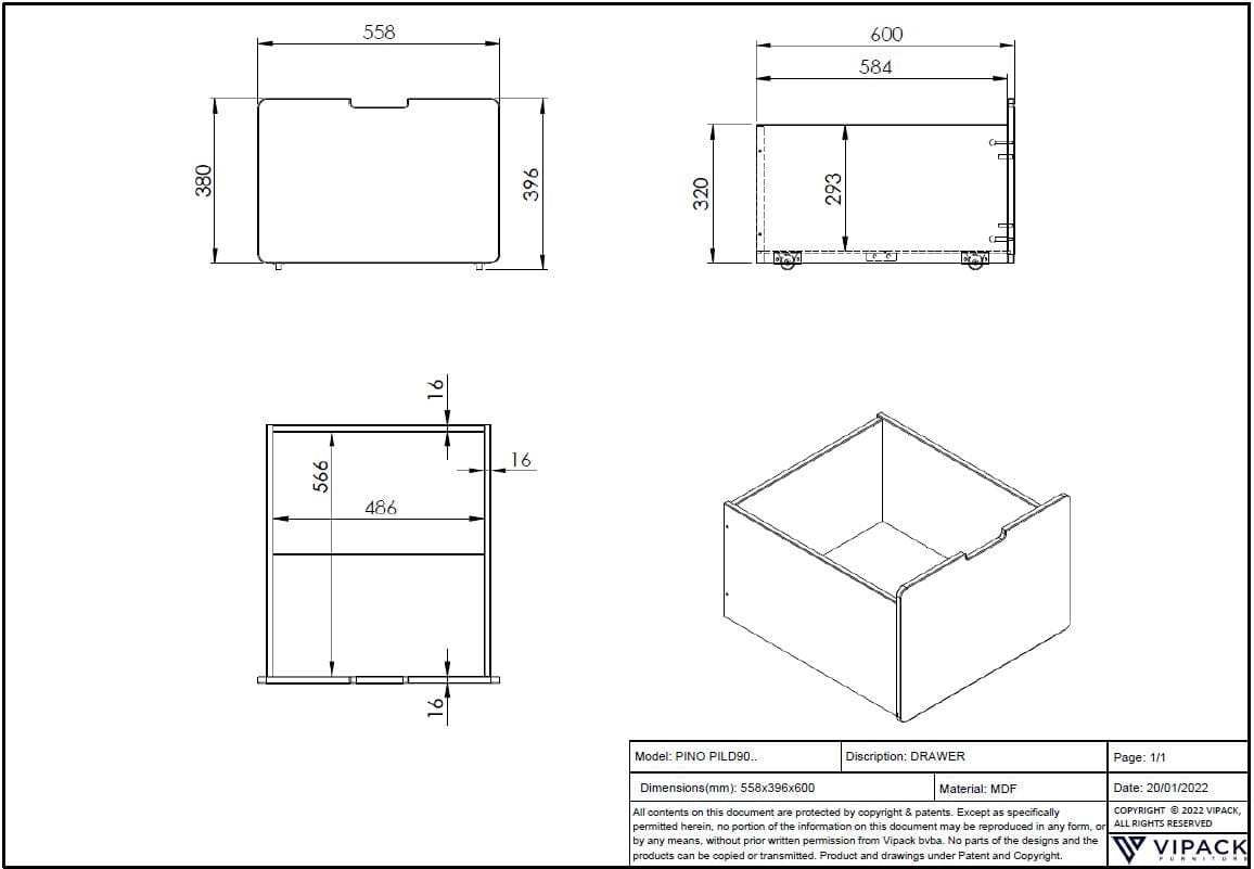 Vipack Set 2 sertare pat din MDF, pentru copii, Pino Alb, l55,8xA50,1xH39,5 cm