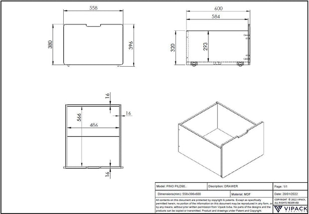 Set 2 sertare pat din MDF, pentru copii, Pino Alb, l55,8xA50,1xH39,5 cm (1)