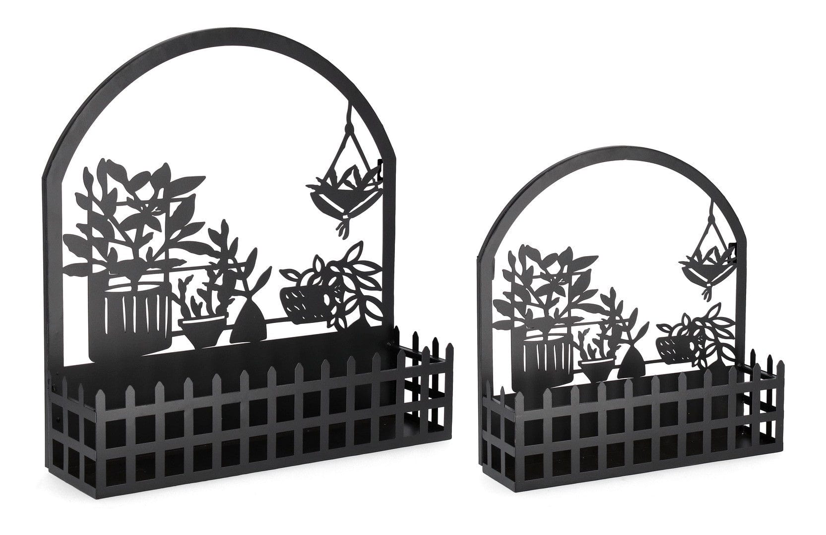 Set 2 suporturi de perete pentru ghivece, din metal, Plants Rosangela Negru, L48xl13xH50 / L38xl10,5xH39,5 cm