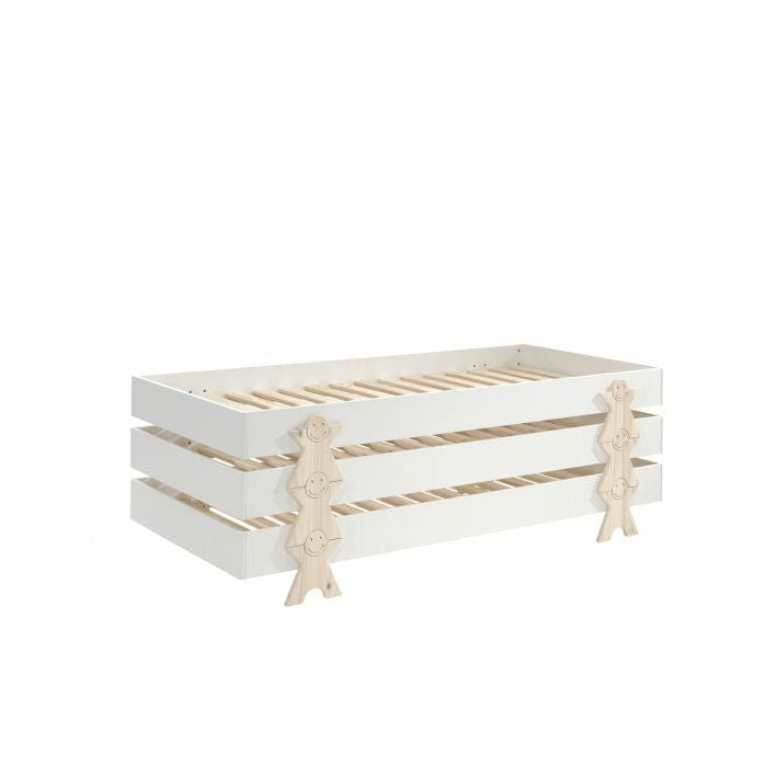 Set 3 paturi stivuibile din MDF si lemn de pin, pentru copii, Modulo Smiley Alb / Natural, 200 x 90 cm