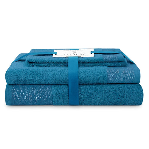 Decoking Set 3 prosoape de baie din bumbac, Allium Teal, 30 x 50 cm / 50 x 90 cm / 70 x 130 cm