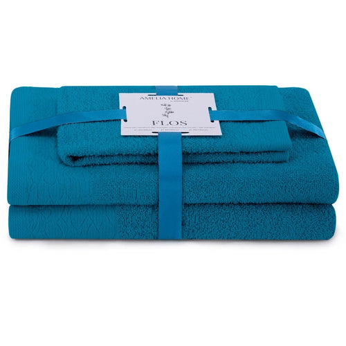 Decoking Set 3 prosoape de baie din bumbac, Flos Teal, 30 x 50 cm / 50 x 90 cm / 70 x 130 cm