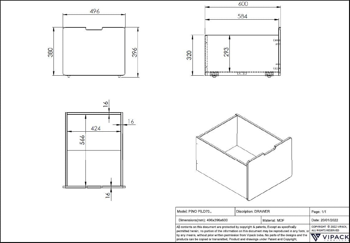 Set 3 sertare pat din MDF, pentru copii, Pino Alb, l49,6xA50,1xH39,5 cm (1)