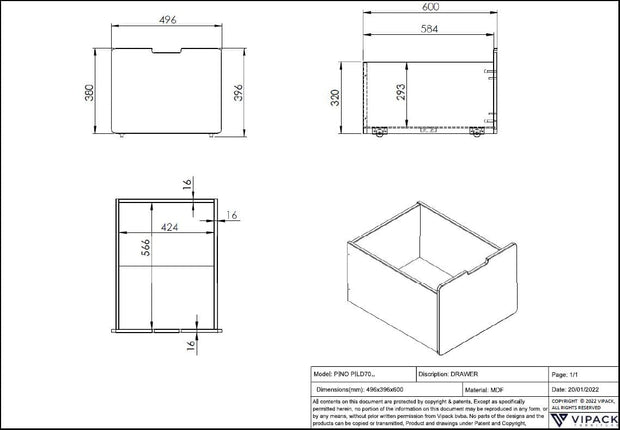 Set 3 sertare pat din MDF, pentru copii, Pino Alb, l49,6xA50,1xH39,5 cm (1)