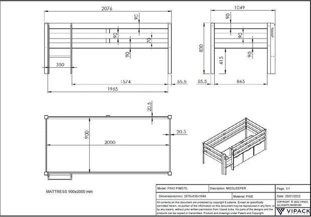 Set 3 sertare pat din MDF, pentru copii, Pino Gri, l49,6xA50,1xH39,5 cm (1)