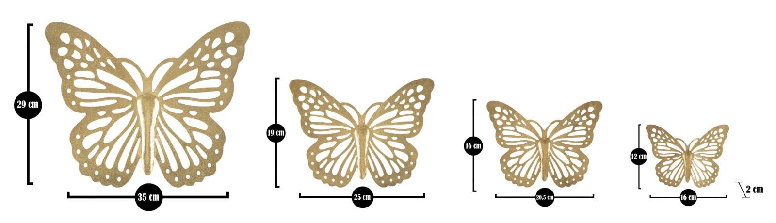 Set 4 decoratiuni din metal, Butterflies Auriu, l35xA2xH29 / l25xA2xH19 / l20,5xA2xH16 / l16xA2xH12 cm (6)