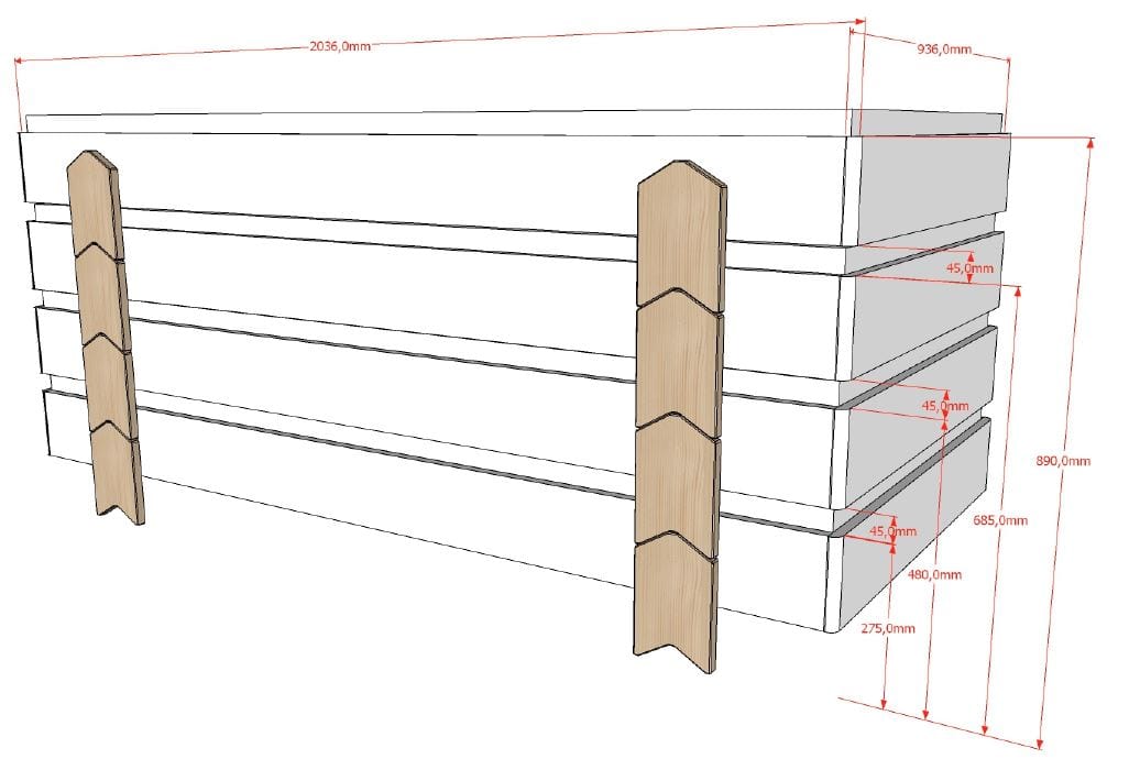 Set 4 paturi stivuibile din MDF si lemn de pin, pentru copii, Modulo Arrow Alb / Natural, 200 x 90 cm (1)