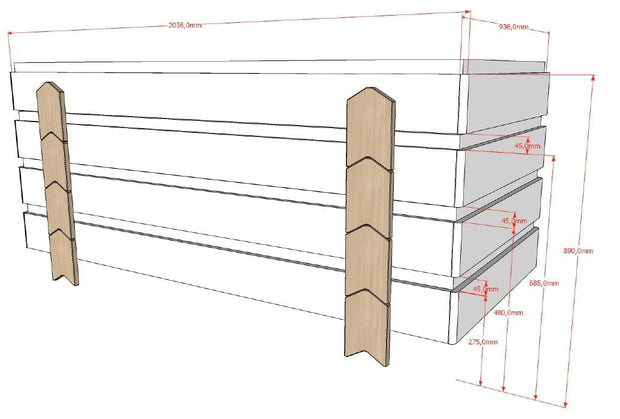 Set 4 paturi stivuibile din MDF si lemn de pin, pentru copii, Modulo Arrow Gri / Natural, 200 x 90 cm (1)