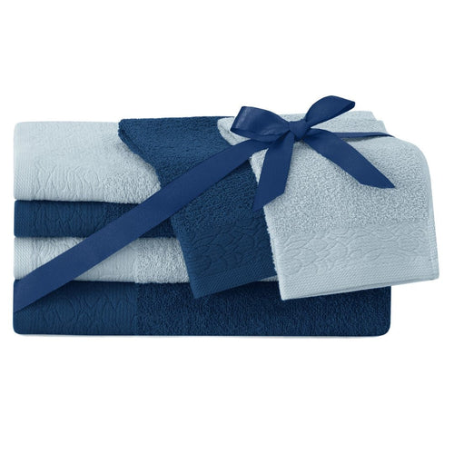 Decoking Set 6 prosoape de baie din bumbac, Flos Bleumarin, 30 x 50 cm / 50 x 90 cm / 70 x 130 cm