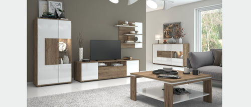 Set de mobila living din pal si MDF, cu LED inclus, 5 piese Stela II Alb / Stejar Tobacco