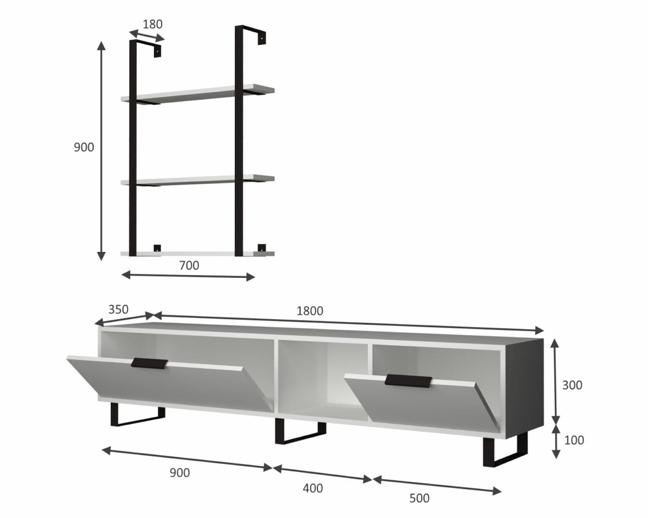 Oyo Set de mobila living din pal si metal, 2 piese, Zeon Large, Alb / Negru