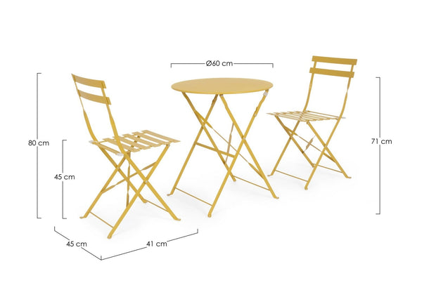 Set masa + 2 scaune pliabile pentru gradina / terasa, din metal, Wissant Galben, Ø60xH71 cm (2)