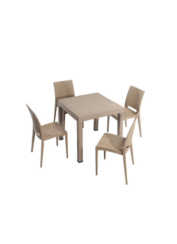 Set masa de gradina / terasa din polipropilena + 4 scaune de gradina, Rattan Cappuccino, L80xl80xH75 cm (1)