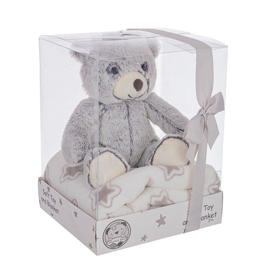 Bizzotto Set paturica cu jucarie de plus, pentru copii, din poliester Cozy Bear Alb / Gri, 75 x 90 cm