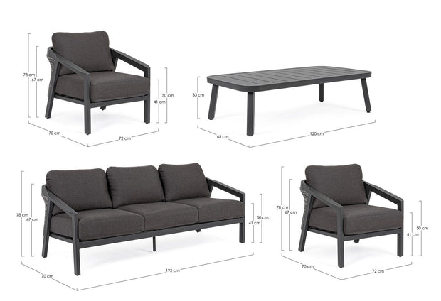Bizzotto Set mobilier pentru gradina / terasa, Cordova Antracit, 2 fotolii + canapea 3 locuri + masa de cafea
