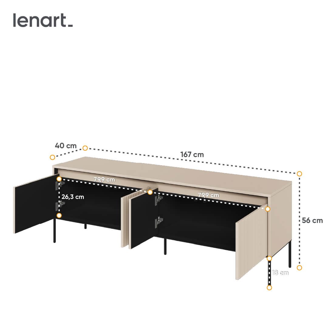 Comoda TV din MDF, pal si metal, cu 4 usi si LED inclus, Trend TR-05 Bej / Negru, l167xA40xH56 cm (3)