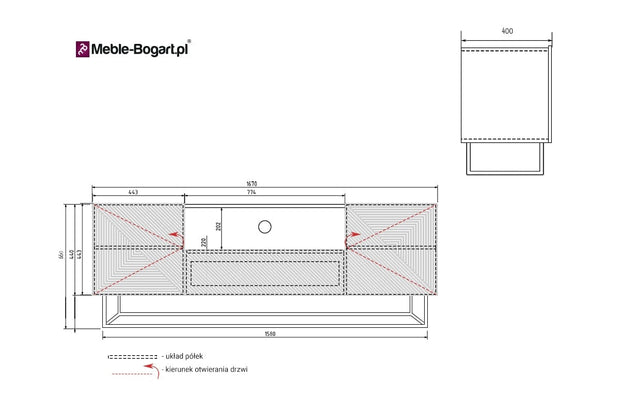 Comoda TV din pal, MDF si metal, cu 1 sertar si 2 usi, Asha 167-2D1SZ Alb / Negru, l167xA40xH60 cm (4)