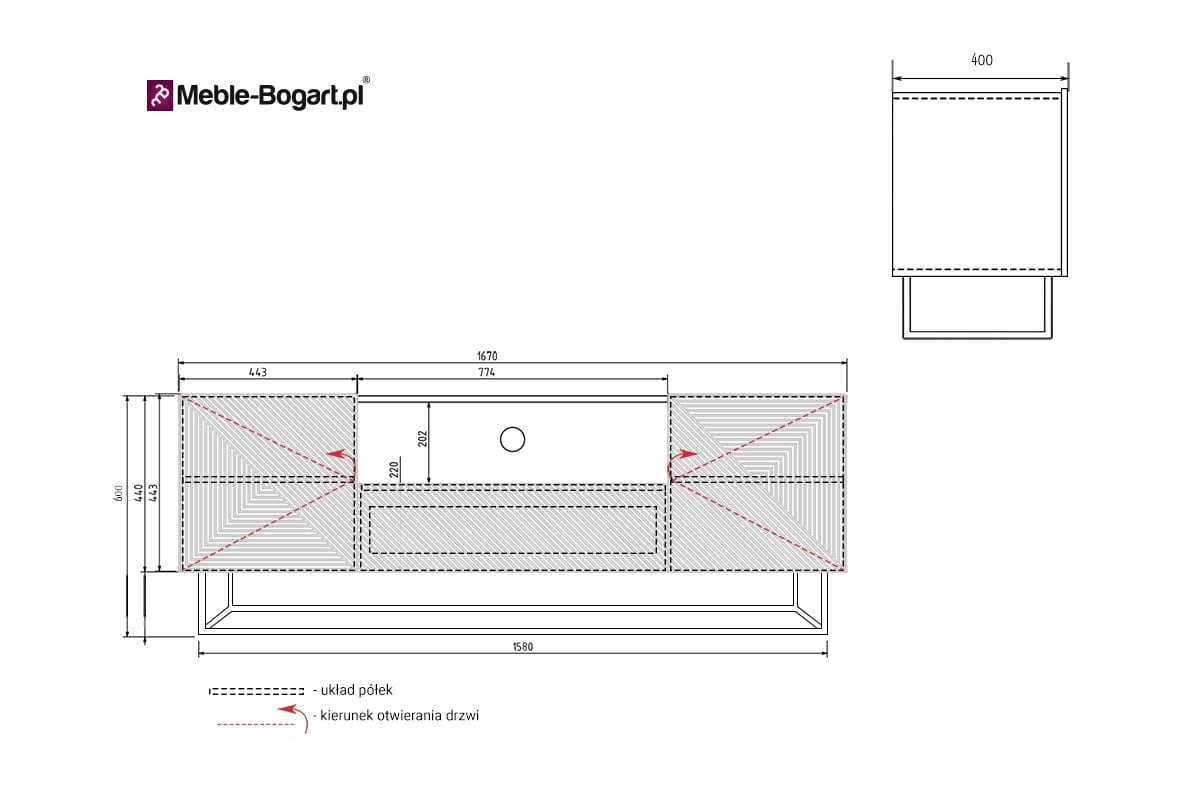 Comoda TV din pal, MDF si metal, cu 1 sertar si 2 usi, Asha II 167-2D1SZ Alb / Negru, l167xA40xH60 cm (4)