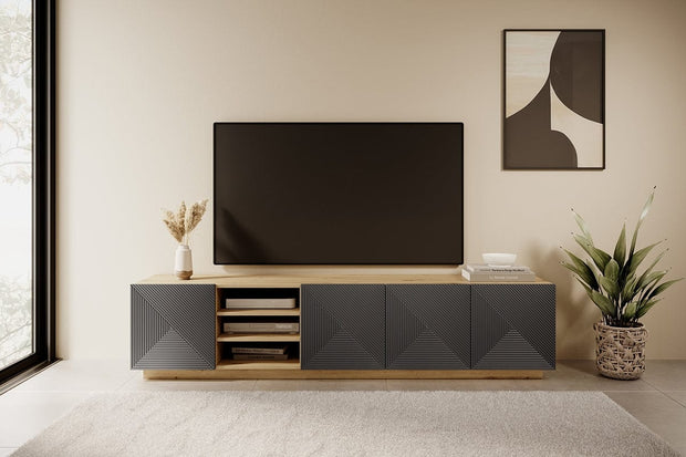 Comoda TV din pal si MDF, cu 4 usi, Asha 200-5D Antracit / Stejar Artisan, l200xA40xH46 cm (1)