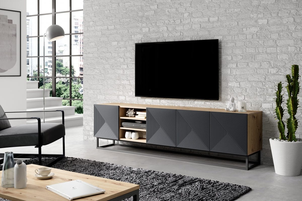 Comoda TV din pal, MDF si metal, cu 4 usi, Asha 200-5D Antracit / Stejar Artisan / Negru, l200xA40xH56 cm (2)