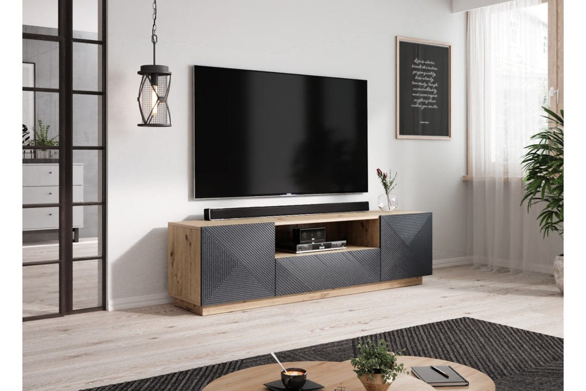 Comoda TV din pal si MDF, cu 1 sertar si 2 usi, Asha 167-2D1SZ Antracit / Stejar Artisan, l167xA40xH50 cm (1)