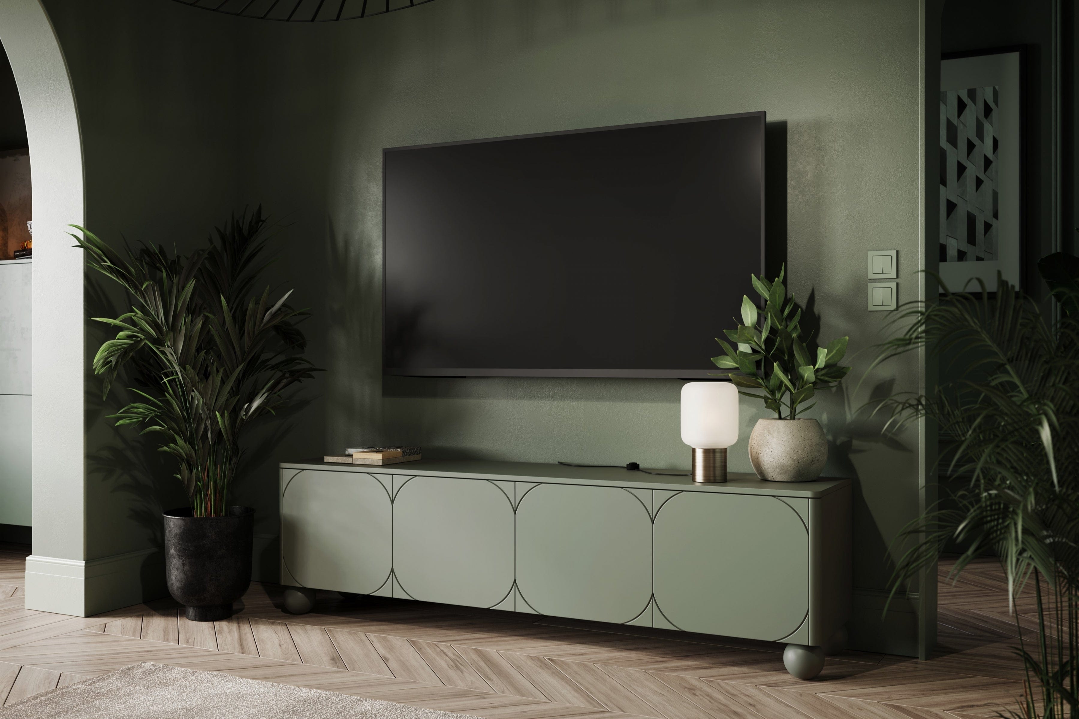 Comoda TV din MDF si lemn, cu 4 usi, Sonatia 200-4D Verde Olive, l200xA45xH57 cm (1)