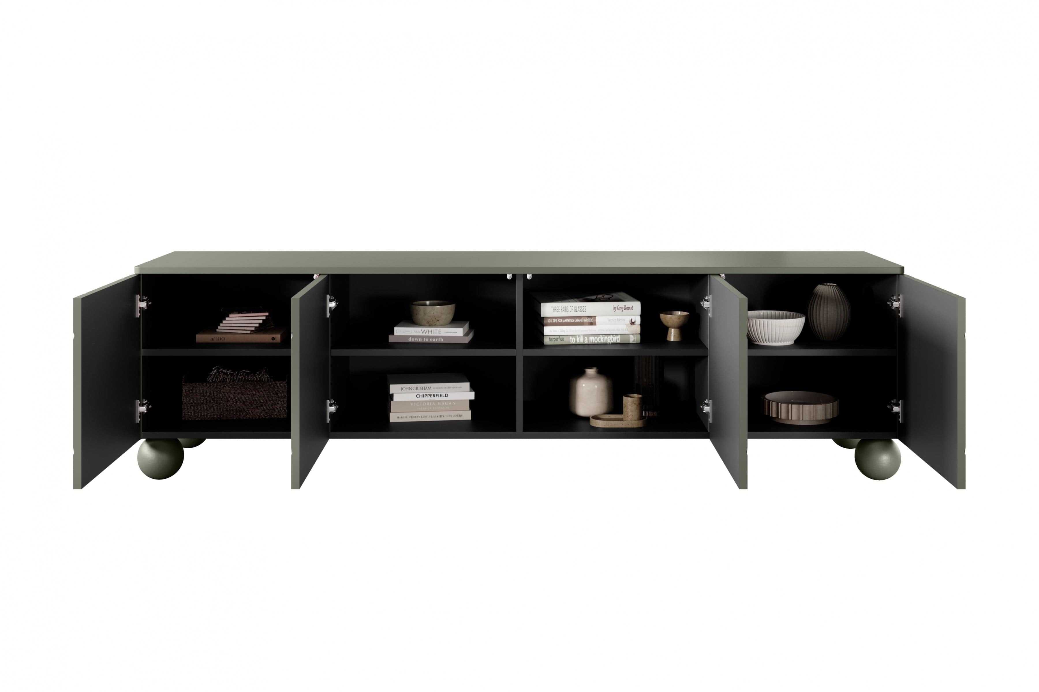 Comoda TV din MDF si lemn, cu 4 usi, Sonatia 200-4D Verde Olive, l200xA45xH57 cm (6)