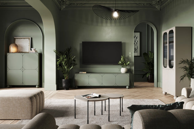 Comoda TV din MDF si lemn, cu 1 sertar si 4 usi, Sonatia 200-4D1SZ Verde Olive, l200xA45xH57 cm (2)