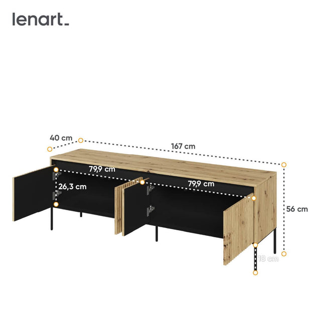 Comoda TV din MDF, pal si metal, cu 4 usi si LED inclus, Trend TR-05 Stejar Artisan / Negru, l167xA40xH56 cm (3)