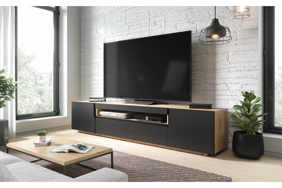 Comoda TV din pal si MDF, cu 2 usi, Loftia 200-2D1K Negru / Stejar Artisan, l200xA37xH41 cm (1)