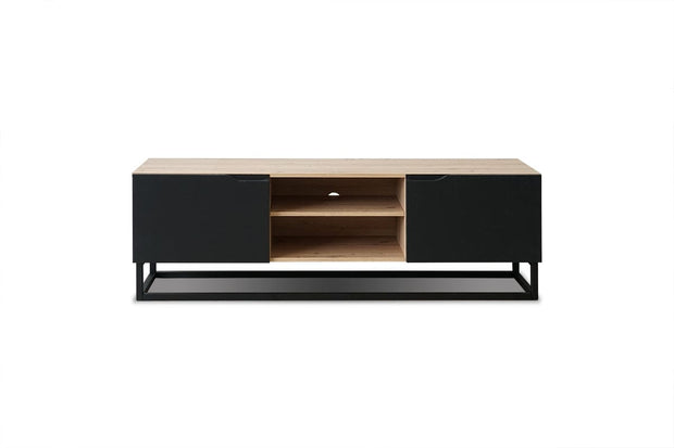 Comoda TV din pal, MDF si metal, cu 2 usi, Loftia Mini 160-2K Negru / Stejar Artisan, l160xA37xH52 cm (3)