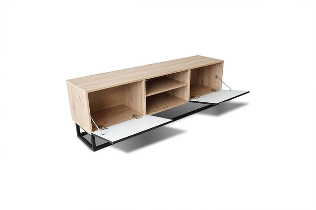 Comoda TV din pal, MDF si metal, cu 2 usi, Loftia Mini 160-2K Negru / Stejar Artisan, l160xA37xH52 cm (5)