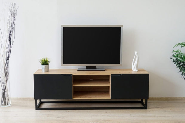 Comoda TV din pal, MDF si metal, cu 2 usi, Loftia Mini 160-2K Negru / Stejar Artisan, l160xA37xH52 cm (6)