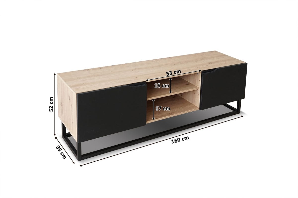 Comoda TV din pal, MDF si metal, cu 2 usi, Loftia Mini 160-2K Negru / Stejar Artisan, l160xA37xH52 cm (7)