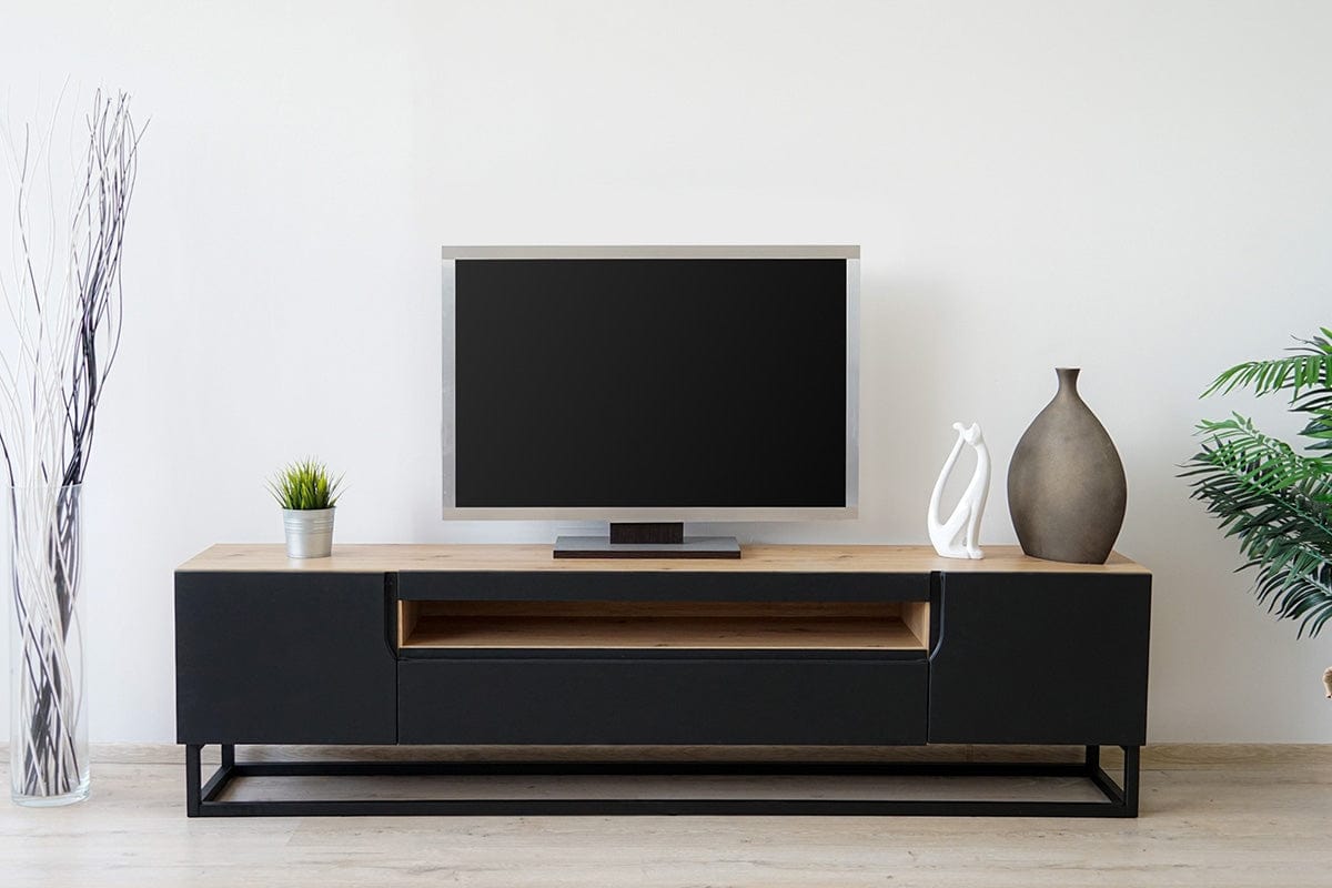 Comoda TV din pal, MDF si metal, cu 2 usi, Loftia 200-2D1K Negru / Stejar Artisan, l200xA37xH52 cm (5)