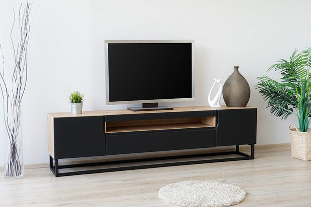 Comoda TV din pal, MDF si metal, cu 2 usi, Loftia 200-2D1K Negru / Stejar Artisan, l200xA37xH52 cm (1)