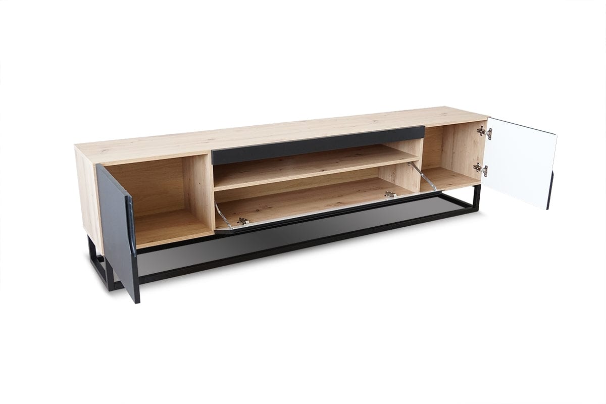 Comoda TV din pal, MDF si metal, cu 2 usi, Loftia 200-2D1K Negru / Stejar Artisan, l200xA37xH52 cm (3)