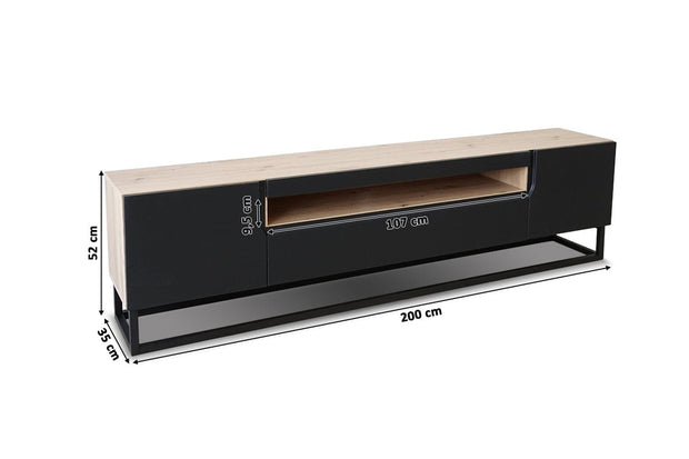 Comoda TV din pal, MDF si metal, cu 2 usi, Loftia 200-2D1K Negru / Stejar Artisan, l200xA37xH52 cm (7)