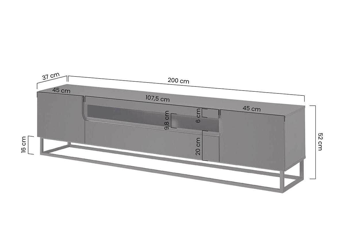 Comoda TV din pal, MDF si metal, cu 2 usi, Loftia 200-2D1K Negru, l200xA37xH52 cm (5)